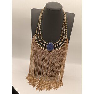 ALDO Gold Tone Chain Fringe Necklace With Blue Oval Stone & Lobster Clasp